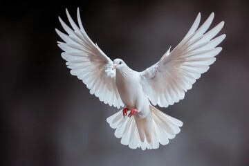 Fototapeta premium A white dove in flight with its wings spread