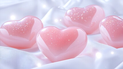 Obraz premium Pink heart-shaped object, arranged neatly on a white satin surface with subtle lighting emphasizing charm