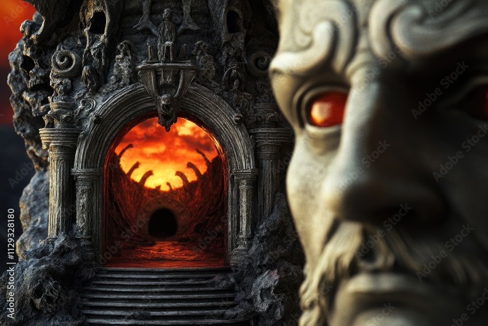 Poster a statue of a man surrounded by flames, perfect for use in a scene about courage or passion
