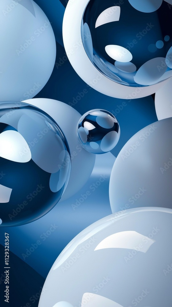 Poster Multiple glossy spheres of varying sizes and shades of blue float in an abstract space, creating a visually captivating scene with a sense of depth and movement
