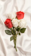Fototapeta premium Red and white roses, beautifully arranged in a bouquet with lush green leaves, Valentines day banner