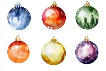 Six delicate watercolor ornaments with festive designs