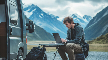 A young man with a rugged appearance works on his laptop outdoors, surrounded by majestic mountains and a camper van, reflecting a lifestyle of adventure and remote work