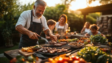 Family enjoying outdoor barbecue feast in lush garden setting