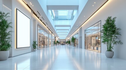 Modern shopping mall interior with natural light and minimalistic design