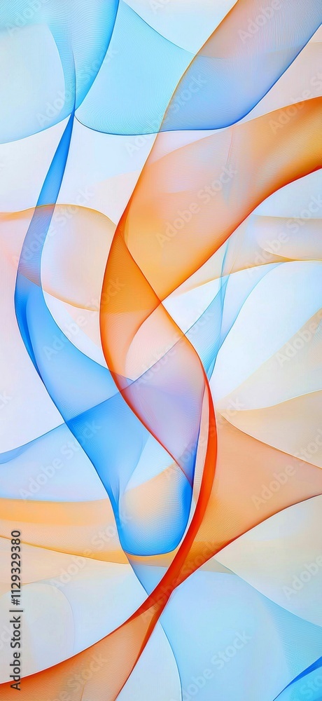 Poster smooth, translucent orange and blue lines intertwine and overlap, creating a dynamic abstract compos