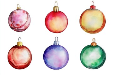 Six colorful watercolor illustrations of Christmas ornaments