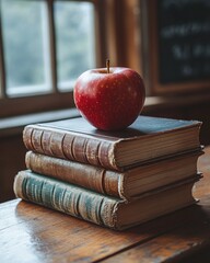 Classic education concept with apple on stacked vintage books in rustic classroom