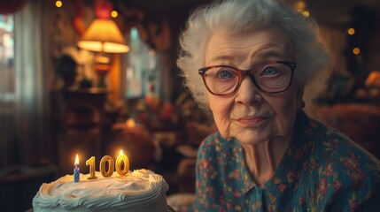 Centenarian celebration: elderly woman with birthday cake marking 100 years