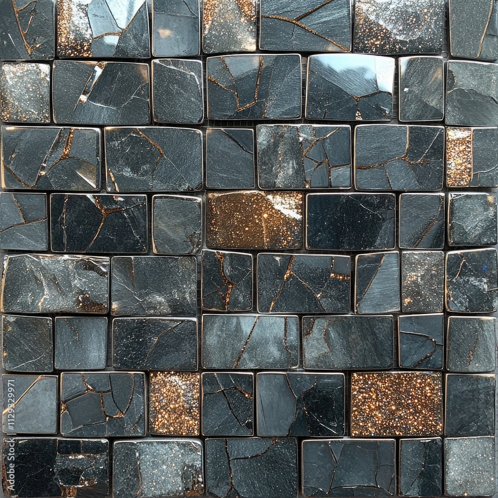 Poster a detailed view of a small section of a black and gold mosaic tile, suitable for use in interior des