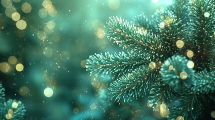 Fototapeta premium Sparkling green pine needles with bokeh lights for a festive holiday background