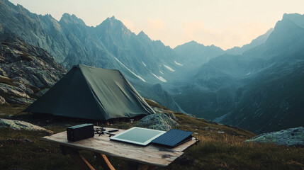 A minimalistic workspace set in a stunning mountain landscape with a tent, laptop, and solar panel, capturing the essence of remote work and nature's beauty
