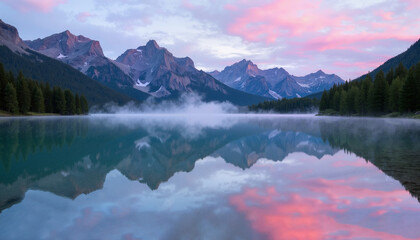 Tranquil Mountain Lake Reflection with Misty Dawn Colors