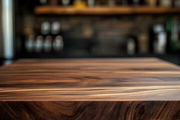 Wooden table top against a blurred kitchen counter backdrop, perfect for showcasing products .4k image