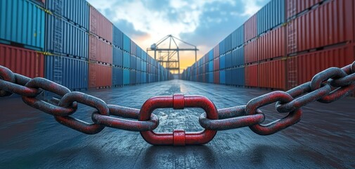 A strong chain foregrounds a row of colorful shipping containers, with a crane in the distance under a dynamic sky, highlighting a busy port environment.