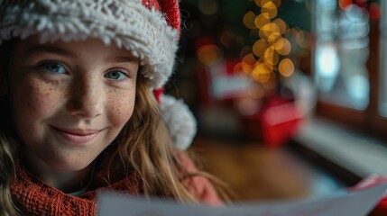 A young child wearing a Santa hat holds a piece of paper, possibly a letter or drawing