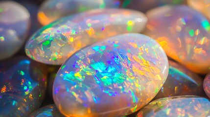 Obraz premium Polished opal gemstones displaying an iridescent play of color create a vibrant, mesmerizing spectacle, showcasing brilliant rainbow hues that captivate the eye and inspire awe
