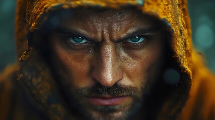 A man with a hoodie on and a blue eye