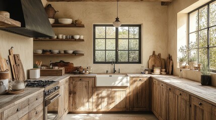 Rustic kitchen interior with sunlit wooden cabinets and vintage decor