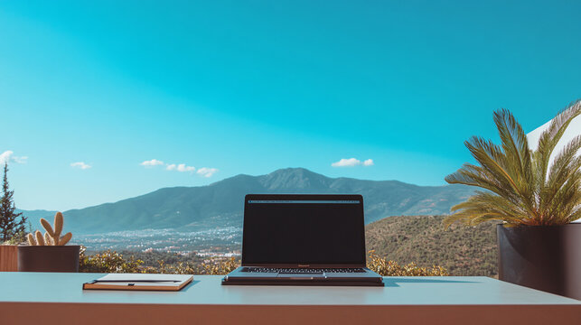 A minimalistic workspace on a rooftop overlooks stunning mountains and a clear blue sky, featuring a laptop, notebook, and potted plants - Powered by Adobe