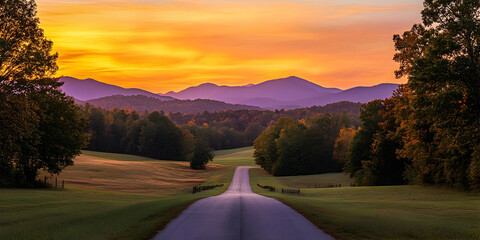 Vibrant sunset over a country road leading into distant mountains, creating a scenic, picturesque view .4k image