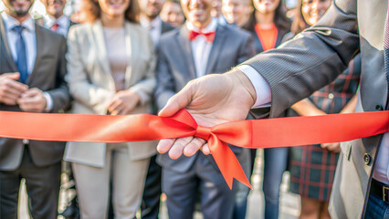 Close-up of professional hand cutting red ribbon at official event opening ceremony with crowd in the background