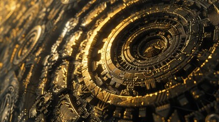 Fototapeta premium Intricate golden machinery processes data in a complex circular pattern, symbolizing the flow and management of big data within a sophisticated system