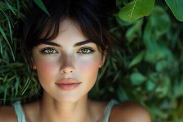 Fototapeta premium Calm Woman Green Eyes Long Hair Natural Makeup