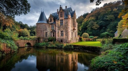 Historic castle with a moat surrounded by lush gardens