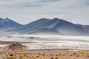 Salt flats and volcano mountains on altiplano high altitude plains in Chile. Atacama desert landscape. Salt lakes in San Pedro de Atacama altiplano landscape at Piedras Rojas natural reserve