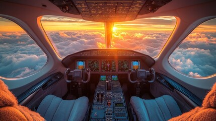 Fototapeta premium Spectacular cockpit view of sunset over clouds from aircraft