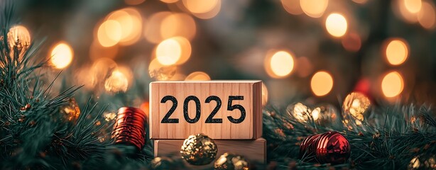 Wooden Blocks Displaying New Year's 2025 with Christmas Decorations