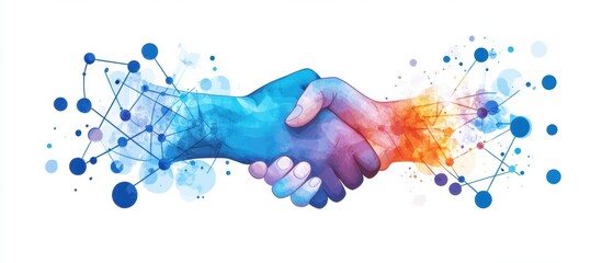 Bright blue handshake representing teamwork and partnership minimal flat design solid white background focused scene vector art emphasizing collaboration and connection