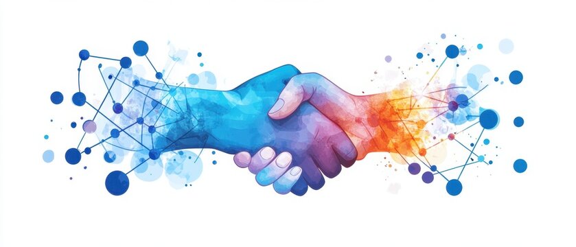 Bright blue handshake representing teamwork and partnership minimal flat design solid white background focused scene vector art emphasizing collaboration and connection