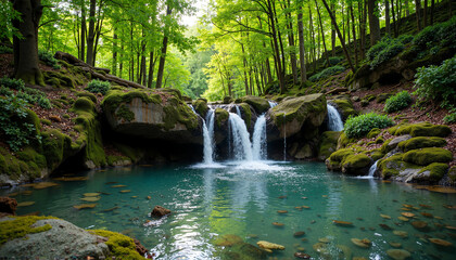 Serene forest waterfall cascading into a tranquil pool surrounded by vibrant green foliage