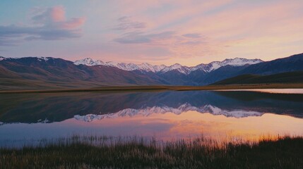 Fototapeta premium Colorful sunset reflecting on the still water of a mountain lake, creating a breathtaking panorama of nature's beauty with snow-capped peaks in the background