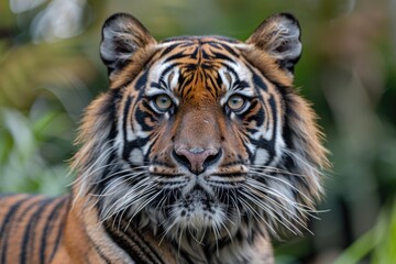 Obraz premium A close-up view of a tiger's face with a blurred background