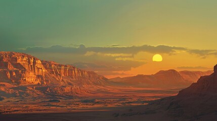 Majestic sandstone cliffs and a vast desert valley are bathed in the warm, orange glow of the setting sun, creating a breathtaking panorama of nature's beauty