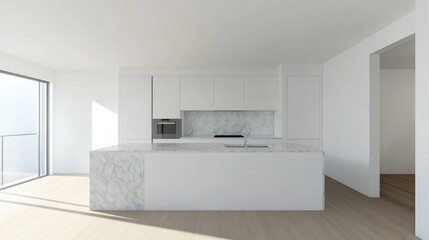 Minimalist kitchen with white cabinets and marble countertops