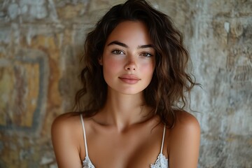 Fototapeta premium Closeup Outdoor Headshot Woman Tan Skin Neutral Background