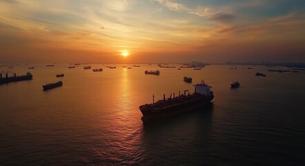 Naklejka premium Aerial Perspective of Crude Oil Tankers and LPG Vessels Docked at Sunset, Showcasing Maritime Industry in Serene Waters