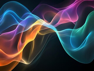 A futuristic abstract background with floating lines and shapes, blending bright neon colors over a dark