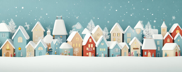 Obraz premium 3d rendering miniature snowing village ANIMATION CARTOON christmas green forest tree with SNOWFLAKES and trees used as background of the product presentation