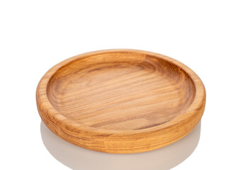 One wooden plate, close-up, isolated on a white background.