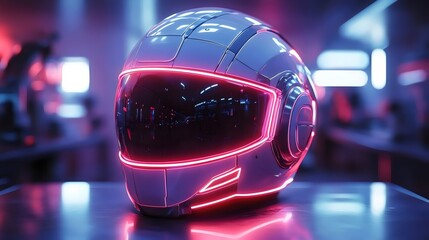 A futuristic helmet with neon lights on it