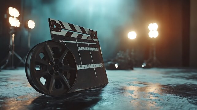 Film Reel and Clapperboard on Studio Floor