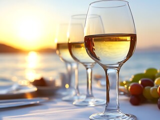 Obraz premium White wine glasses at sunset oceanside dinner