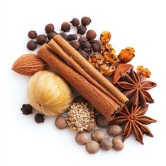 Aromatic spices and nuts arrangement on white background.