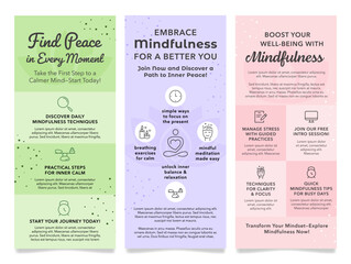Mindfulness stress management inner calm flyer design template set vector flat illustration