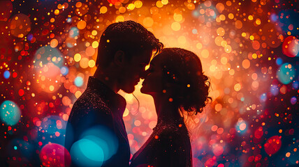 Romantic Couple Silhouette with Colorful Bokeh Lights  
